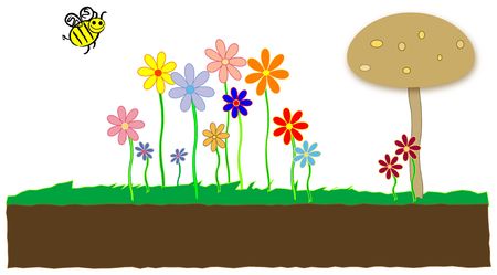 A playful depiction of springtime flowers, bumblebee and a giant mushroom.の写真素材