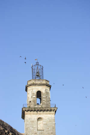 The village bell tower surrounded by swallows that migrate here every year at this time. の写真素材