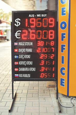 Currency exchange rates board at street.のeditorial素材