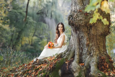 Bride at countryside next to old big tree. Wedding in forest.の写真素材