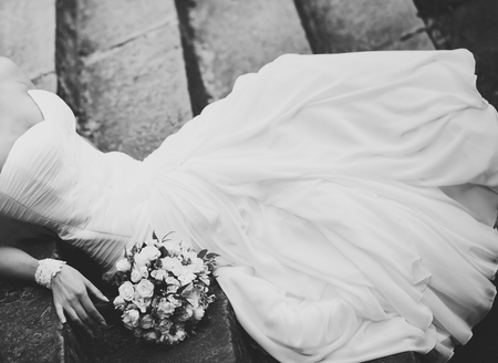Young bride on wedding day. Black and white picture.の写真素材