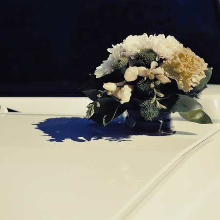 decorated wedding car, flowersの写真素材
