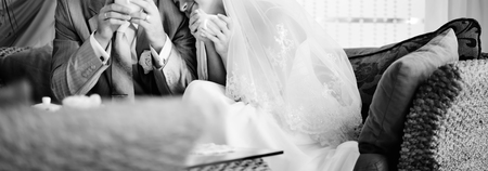 Groom and bride on wedding day. Newlywed couple together.