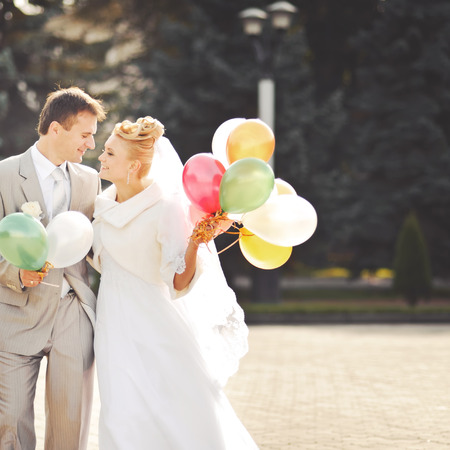 Wedding couple with balloons.の写真素材