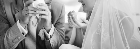 Groom and bride on wedding day. Newlywed couple together.の写真素材