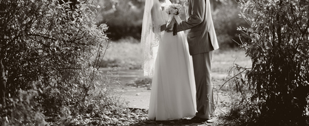 Groom and bride on wedding day. Newlywed couple together.の写真素材