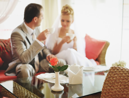 Newlywed caucasian couple together. Wedding day.の写真素材
