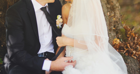 Newly wed couple holding hands, autumn wedding.の写真素材