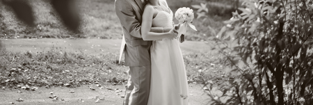 Groom and bride on wedding day. Newlywed couple together.の写真素材