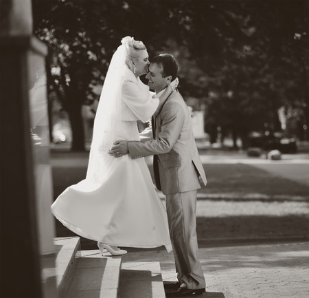 Groom and bride on wedding day. Newlywed couple together.の写真素材