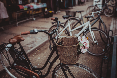 vintage city bicycle with basket in Copenhagen, Denmark