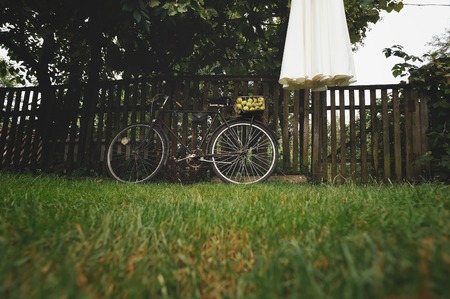 Wedding dress hangs on grape vine in garden at countryside with retro bicycle in front, bridal morningの写真素材