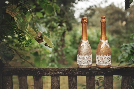 Wedding champagne decorated at countrysideの写真素材