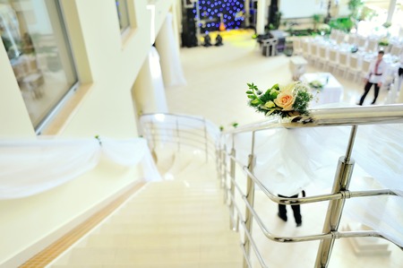 interior of the restaurant decorated for wedding celebrationの写真素材