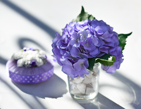 Wedding decoration on table. Violet flowers.の写真素材