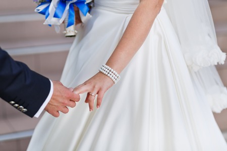 wedding couple together, groom and bride at streetの写真素材