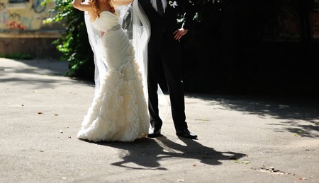 wedding couple, stylish bride and happy groom together