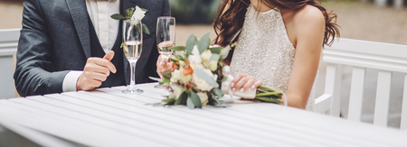 wedding couple, stylish bride and happy groom togetherの写真素材