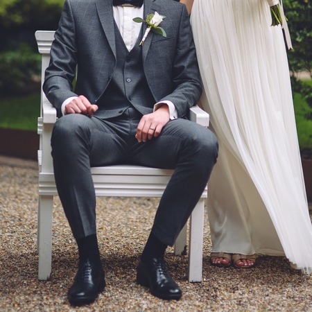 wedding couple, stylish bride and happy groom togetherの写真素材