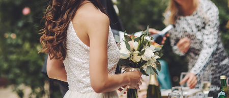 beautiful bride in stylish wedding outsideの写真素材