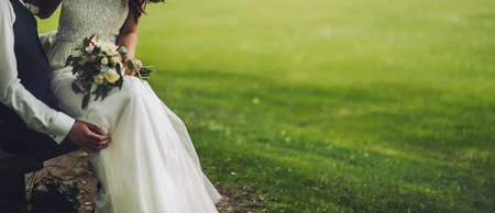 wedding couple, stylish bride and happy groom togetherの写真素材