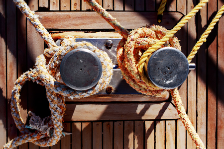 Sailing equipment on a boat. Knotted ropes