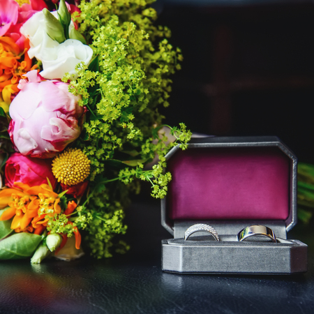 Glossy wedding rings. Wedding atributes. Wedding jewelleryの写真素材