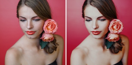 Before and After retouch, color editing. Model posing for the beauty photoshoot.の写真素材