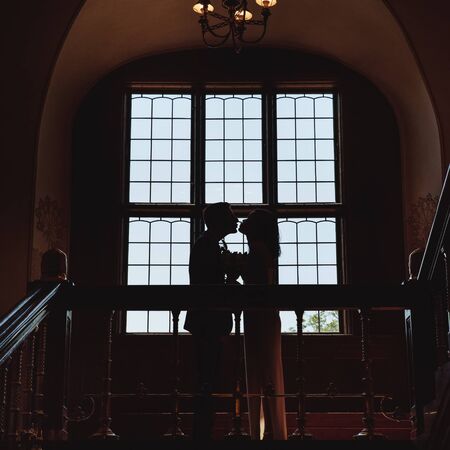 Silhouettes of a bridal couple kissing, happy bride and groom together.