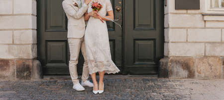 Wedding couple together celebrating happy wedding day. Wedding agency concept.の写真素材
