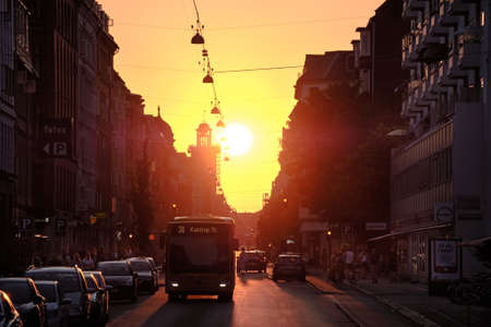 Copenhagen, Denmark 15 August 2020. Route bus 31 to Kastrup operated by Movia driving in Copenhagen in sunset backlit, Denmark Lifestyle and Culture.のeditorial素材