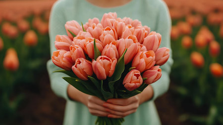 In a lush, sunlit field, a female gathers a breathtaking bouquet of pink tulips, celebrating the vibrant colors and fragrant aromas of blooming flowers in spring.の素材