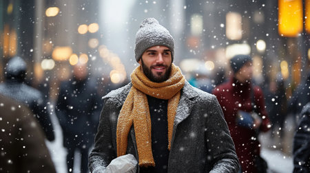 On a snowy day in the bustling city, commuters navigate hurriedly through the flurry, wrapped in winter attire, as warm lights from shops create a cozy atmosphere beneath the snowfall.の素材