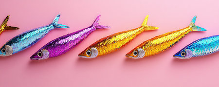 A captivating collection of 50 oversized sequined sardines, dazzling in vivid colors, perfectly arranged on a soft pink background, emanating a whimsical and surreal artistic expression.の素材