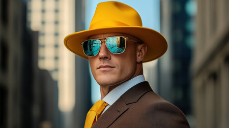 A striking businessman embodies the spirit of 910s Chicago, showcasing a dark brown suit paired with a retro yellow hat and mirrored aviator sunglasses, framed by urban skyscrapers.の素材