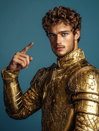 A European prince stands confidently in a blue studio, adorned in intricate golden armor studded with rubies. He points directly at the viewer while holding a helmet, exuding royalty.の素材
