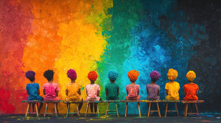 Young LGBTQ activists joyfully paint a vibrant mural, showcasing their colorful teamwork in the community.の素材