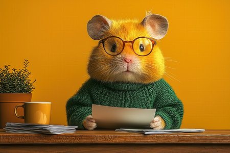 An adorable orange hamster, dressed in a cozy green sweater and tiny glasses, sorts through papers at a wooden desk in a tidy home office. The atmosphere is cheerful and playful.の素材