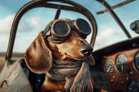 A dachshund, proudly wearing vintage aviator goggles and a scarf, sits in the cockpit of a Soviet-era airplane under a bright blue sky, embodying an adventurous spirit of nostalgia.の素材