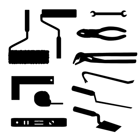 House repairs tools Crowbar, groove joint pliers, joint filler, open-ended spanner, paint roller, setsquare, slip joint pliers, spirit level, square trowel, tape measure, wallpaper roller, silhouettesのイラスト素材
