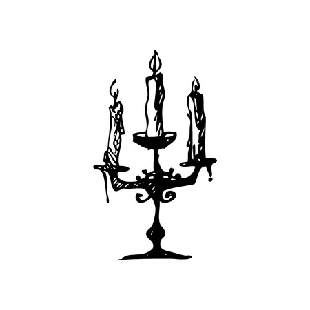 Hand drawn doodle candelabrum with three candles. Black illustration, white backgroundのイラスト素材