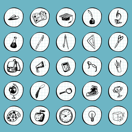 School hand drawn doodle icons. Black outline, notebook circle backgroundのイラスト素材