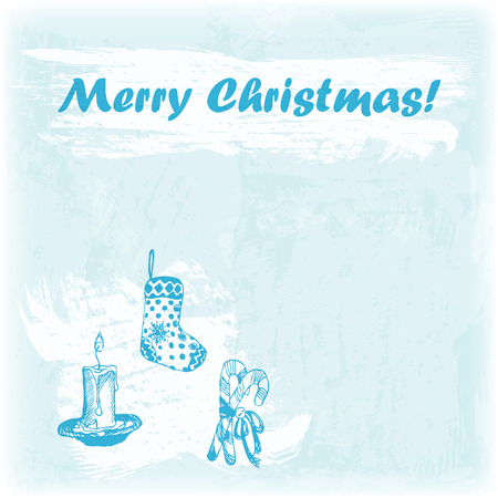 Doodle hand drawn Merry Christmas illustration. Candle, sock and sweets on the watercolor backdropのイラスト素材