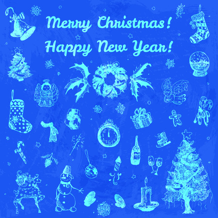 Hand drawn doodle Merry Christmas and Happy New Year illustration. Blue images, indigo watercolor backgroundのイラスト素材