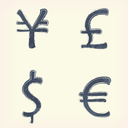 Gray money pound, euro, yen, dollar sign icon, symbol , pale yellow background. Painted design element. Watercolor illustration for web or typography magazine, brochure, flyer, posterのイラスト素材