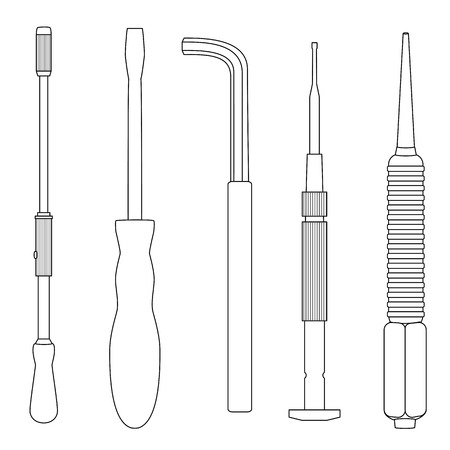 Set of different kinds of screwdrivers hex driver, mini screwdriver, nail, screwdriver, spiral screwdriver , outline illustration for web or typography magazine, brochure, flyer, poster , EPS 10のイラスト素材