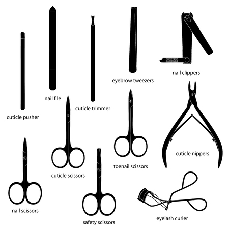 Set of manicure equipment illustrations. White background, black objects, white outline, names. Isolated images for your design. Vector.のイラスト素材
