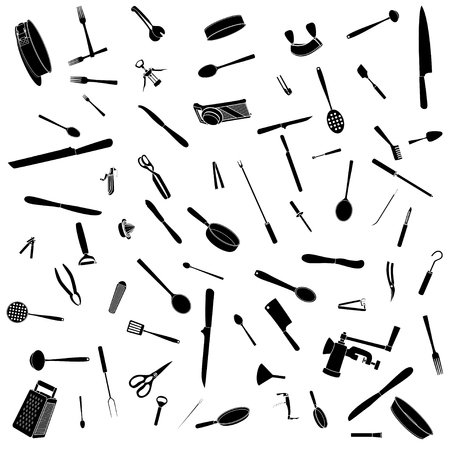 Kitchenware illustrations pattern. Black images, white background. Vector. Silverware kitchen utensilsのイラスト素材
