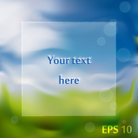 Infographics advertising banner template. Blurred green grass and blue sky background, sgare frame. Vectorのイラスト素材