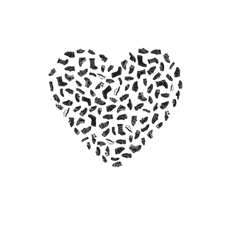 Kids shoes, set, collection of fashion footwear, poster in shape of heart. Baby, girl, boy, child, childhood. Vector design isolated illustration. White outlines, black silhouettes, white background.のイラスト素材